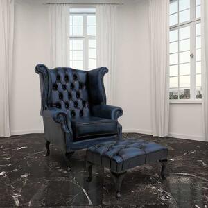 Chesterfield High Back Wing Chair + Footstool Antique Blue Leather In Queen Anne Style