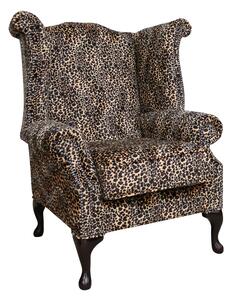 Chesterfield High Back Wing Chair Sand Leopard Animal Print Real Fabric In Queen Anne Style
