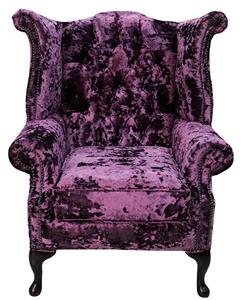 Chesterfield High Back Wing Chair Lustro Amethyst Purple Velvet Fabric In Queen Anne Style