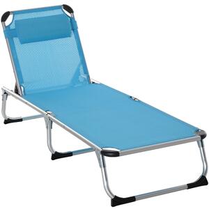 Outsunny Foldable Reclining Sun Lounger Lounge Chair Camping Bed Cot with Pillow 5-Level Adjustable Back Aluminium Frame Blue