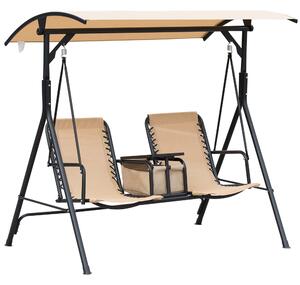 Outsunny 2-Seater Swing Chair Steel Frame Adjustable Canopy Texteline Garden Swing Seat w/ Middle Table Cup Holders Heavy Duty Outdoor Patio - Beige