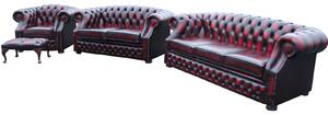 Chesterfield 3+2+Club+Footstool Antique Oxblood Red Leather In Buckingham Style