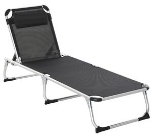 Outsunny Foldable Reclining Sun Lounger Lounge Chair Camping Bed Cot with Pillow 5-Level Adjustable Back Aluminium Frame Black