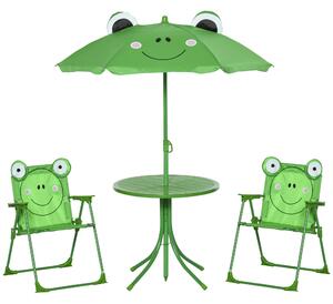 Outsunny Kids Folding Picnic Table and Chair Set Frog Pattern with Removable & Height Adjustable Sun Umbrella, Green