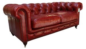 Vintage Chesterfield 2 Seater Distressed Rouge Red Real Leather Sofa