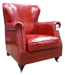Vintage Genuine High Back Armchair Distressed Rouge Red Real Leather