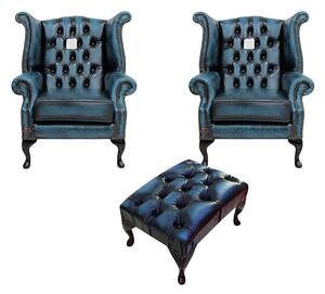 Chesterfield 2 x Chairs+Footstool Antique Blue Leather Chairs Offer In Queen Anne Style