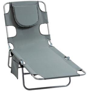 Outsunny Beach Chaise Lounge with Face Cavity & Arm Slots, Portable Sun Lounger, Reclining Lounge Chair 5-position Adjustable Backrest Grey