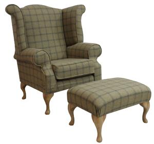 Chesterfield Fireside High Back Armchair + Footstool Wool Tweed Althrop Topaz In Queen Anne Style