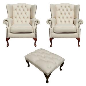 Chesterfield 2 x Wing Chair + Footstool Ivory Leather In Mallory Style