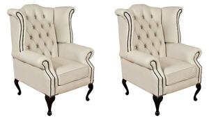 Chesterfield 2 x High Back Chairs Ivory Leather Bespoke In Queen Anne Style