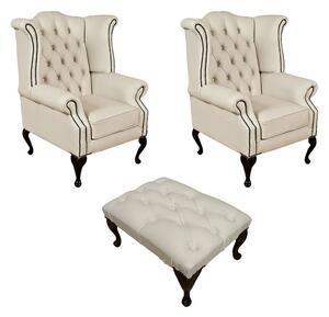 Chesterfield 2 x Wing Chairs + ­Footstool Ivory Leather In Queen anne Style