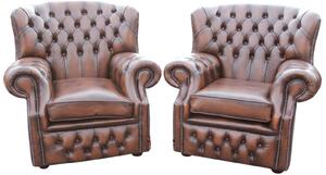 Chesterfield Pair High Back Wing Chair Antique Brown Leather Armchair In Monks Style