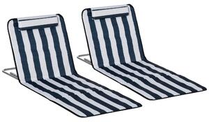 Outsunny Set of 2 Foldable Garden Beach Chair Mat Lightweight Outdoor Sun Lounger Seats Adjustable Back Metal Frame PE Fabric Head Pillow, Blue