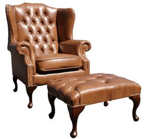 Chesterfield High Back Wing Chair + Footstool Old English Tan Leather In Mallory Style