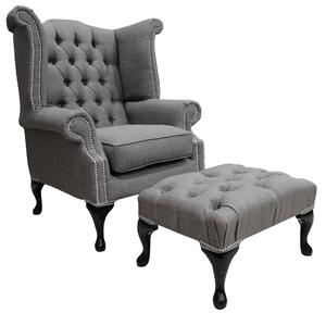 Chesterfield High Back Wing Chair + Footstool Charles Slate Linen Fabric In Queen Anne Style