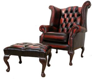 Chesterfield High Back Wing Chair + Footstool Antique Oxblood Red Leather In Queen Anne Style