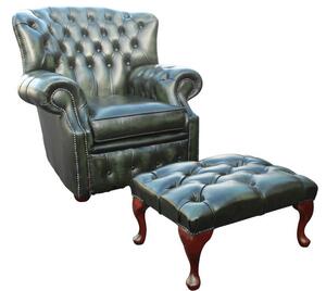 Chesterfield High Back Wing Chair + Footstool Antique Green Leather Armchair In Monks Style