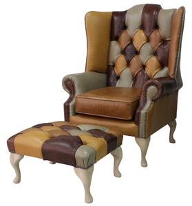 Chesterfield Prince's High Back Wing Chair + Footstool Patchwork Old English Leather In Mallory Style