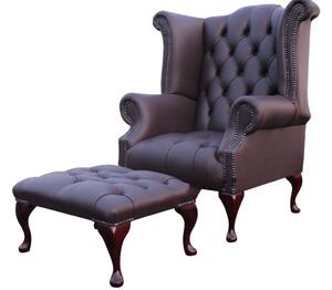 Chesterfield High Back Wing Chair + Footstool Buttoned Seat Dark Chocolate Leather In Queen Anne Style