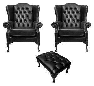 Chesterfield 2 x Wing Chairs + Footstool Old English Black Leather In Mallory Style