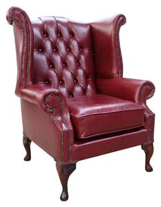Chesterfield High Back Wing Chair Old English Burgandy Leather In Queen Anne Style