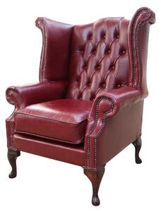 Chesterfield High Back Wing Chair Old English Burgandy Leather In Queen Anne Style