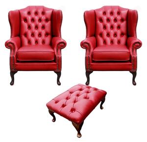 Chesterfield 2 x Wing Chairs + Footstool Old English Gamay Red Leather In Mallory Style