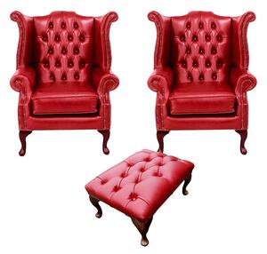 Chesterfield 2 x Wing Chairs +­ Footstool Old English Gamay Red Leather In Queen Anne Style
