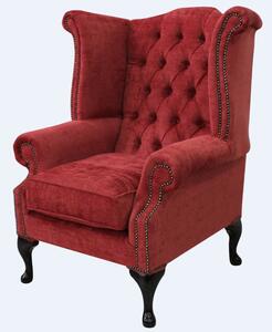 Chesterfield High Back Wing Chair Velluto Red Fabric In Queen Anne Style