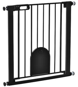 PawHut 75-82 cm Pet Safety Gate Barrier, Stair Pressure Fit, w/ Small Door, Auto Close, Double Locking, for Doorways, Hallways, Black