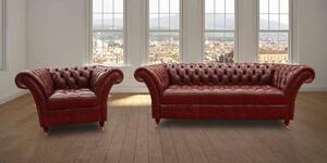Chesterfield 3 Seater + Armchair Old English Chestnut Leather Sofa Suite In Balmoral Style