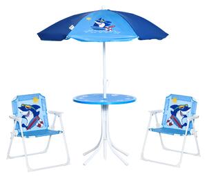 Outsunny Kids Picnic & Table Chair set, Outdoor Folding Garden Furniture w/ Shark Design, Removable, Adjustable Sun Umbrella, Ages 3-6 Years - Blue