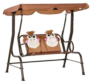 Outsunny 2-Seat Kids Canopy Swing, Children Outdoor Patio Lounge Chair, for Garden Porch, with Adjustable Awning, Seat Belt, Monkey Pattern, Coffee