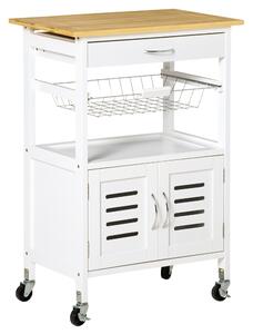 HOMCOM Rolling Kitchen Island Trolley Utility Cart on Wheels with Bamboo Table Top, Storage Cabinet, Drawer and Wire Basket - White