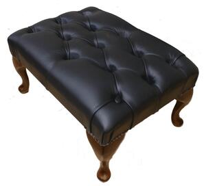 Leather Queen Anne Footstool Buttoned Seat In Premium Black Colour
