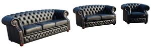Chesterfield 3+2+1 Seater Shelly Black Leather Sofa Suite In Buckingham Style