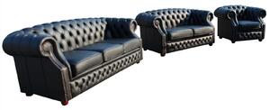 Chesterfield 3+2+1 Seater Shelly Black Leather Sofa Suite In Buckingham Style