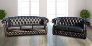 Chesterfield 3+2 Seater Shelly Black Leather Sofa Suite Bespoke In Buckingham Style
