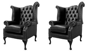 Chesterfield 2 x Chairs Old English Black Leather Chairs Offer In Queen Anne Style