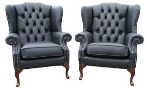 Chesterfield Pair High Back Wing Chair Shelly Black Leather Bespoke In Mallory Style