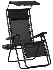 Outsunny Zero Gravity Garden Deck Folding Chair Patio Sun Lounger Reclining Seat with Cup Holder & Canopy Shade - Black