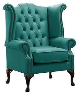 Chesterfield High Back Wing Chair Shelly Dark Teal Leather Bespoke In Queen Anne Style