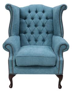 Chesterfield High Back Wing Chair Marinello Kingfisher Blue Fabric In Queen Anne Style