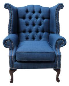 Chesterfield High Back Chair Charles Midnight Blue Linen Fabric In Queen Anne Style