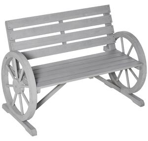 Outsunny 2 Seater Garden Bench Outdoor Garden Armrest Chair with Wooden Cart Wagon Wheel Rustic High Back Grey