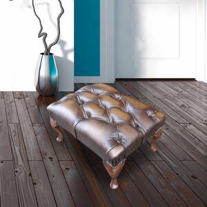 Leather Queen Anne Footstool Buttoned Seat In Antique Gold Colour