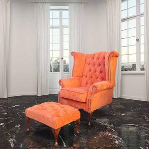 Chesterfield High Back Wing Chair + Footstool Azzuro Tangerine Fabric In Queen Anne Style