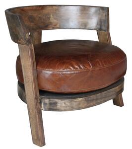 Vintage Handmade Round Wooden Tub Chair Distressed Brown Real Leather