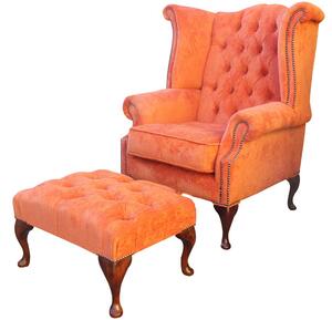 Chesterfield High Back Wing Chair + Footstool Azzuro Tangerine Fabric In Queen Anne Style